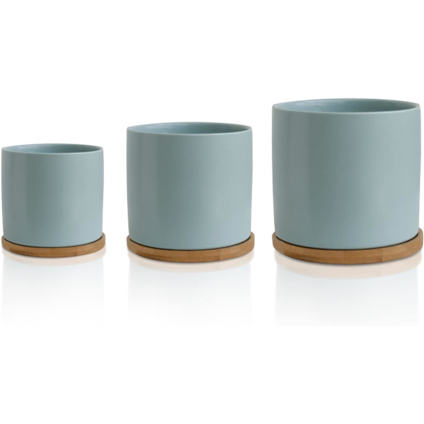 Keramisk Blomkruka Set med Bambusbricka Blå Inomhus Blomkruka Blå Blomkruka Set Keramisk Blomkruka Behållare Utomhus med Underfat (Stor)