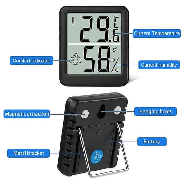 Termometer Hygrometer, 2 st Digital Mini Termometer och Hygrometer med Metallstativ, Termohygrometer med Smiley som Indikerar Data (Svart)