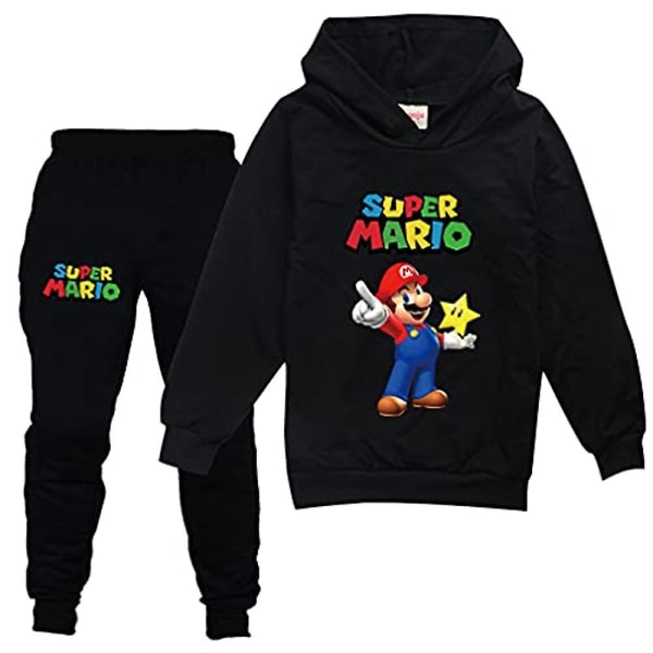 Barn Pojkar Flickor Super Mario Print Exercise Super Set Hoodie Sweatshirt Pullover Topp Joggerbyxor Outfits - Black 9-10 Years
