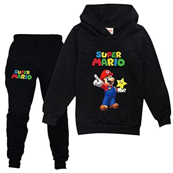 Barn Pojkar Flickor Super Mario Print Träning Super Set Hoodie Sweatshirt Pullover Topp Joggerbyxor Outfits - Black 11-12 Years