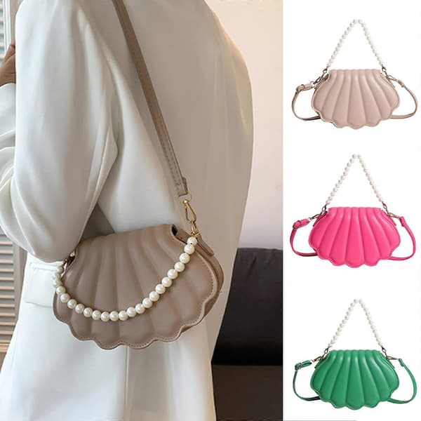Dame Messenger Taske Perlekæde Håndtaske Dame Crossbody Taske Sommer Shell Aften Tasker Mode Skuldertaske til Stævnemøder Hvid White