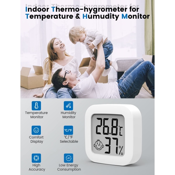 Digitalt hygrometer innendørs termometer romtermometer og fuktighetsmåler med temperaturfuktighetsmonitor for drivhus, hage, kjeller, LCD 2pc