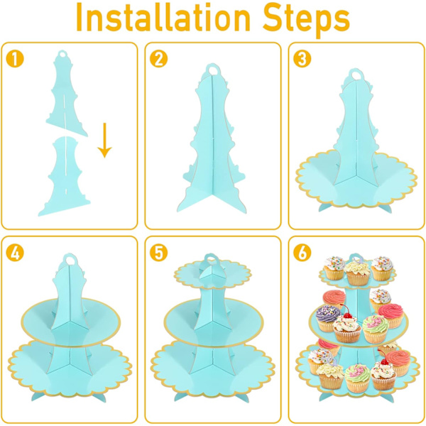 2-pak Blå Kakefat i Papp, Cupcake-Stativ, 3-lags, Pappkakerfat for Ettermiddagste, Pappkakerfat, 3-lags