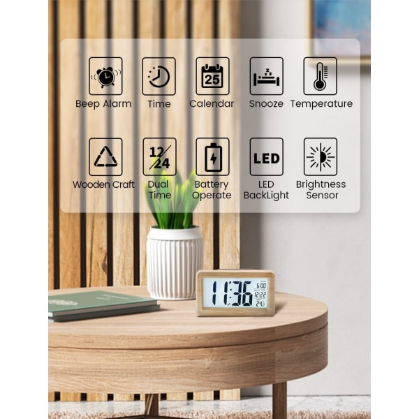 Trä Sängbordsklocka med Stor LCD Bakgrundsbelyst Display, Temperatur, Snooze-funktion, Ljusstyrkesensor, 3 AAA Batteridriven【Batteri Ingår Inte】