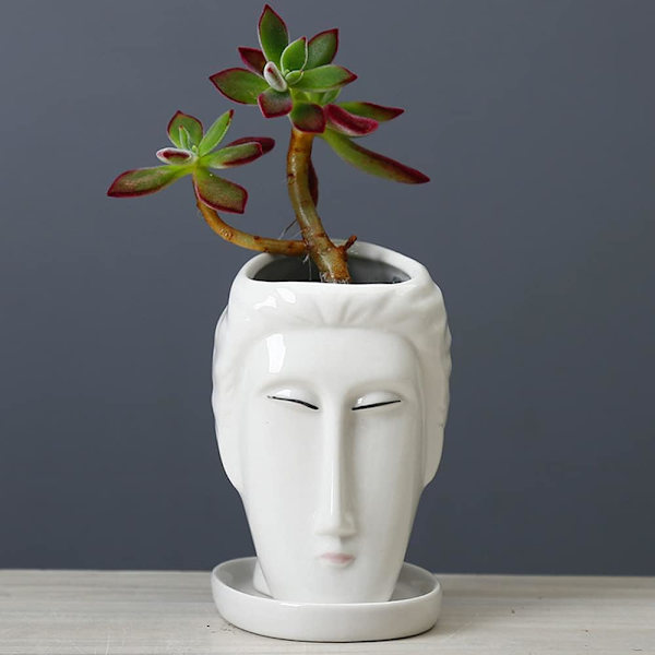 Keramisk Blomkruka och Fat Set Ansiktsvas Huvud Blomkruka Skulptur Planteringskruka Blomkruka Dekorativ Blomvas Skrivbordsvas Sukkulenter Blomkruka（Man