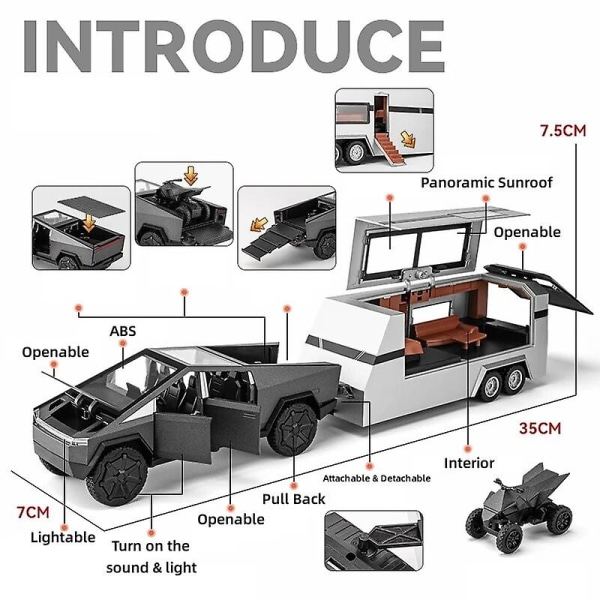 1/32 Tesla Cybertruck med husbil för husvagn, leksaksbil i metall, miniatyrmodell, dragback, ljud och ljus, samlarobjekt, present, pojke, silver