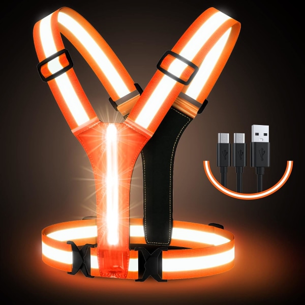 LED reflekterende vest, USB genopladelig, justerbar talje/skulder - Orange