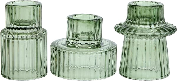 Sett med 3 lysestaker, glass telysestaker, koniske lys, søylelys, lysestaker