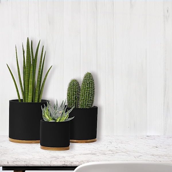 Keramisk Blomkruka Set med Bambusbricka Svart Inomhus Blomkruka Svart Blomkruka Set Keramisk Blomkruka Behållare Utomhus med Underfat (Stor)