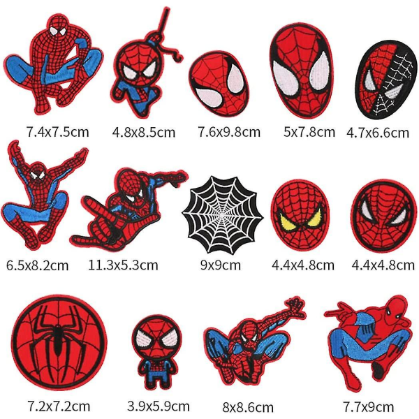 14 jernlapper, Spiderman-lapper for brodering av klær, applikasjoner for å sy jakker, ryggsekker, jeans (hud)
