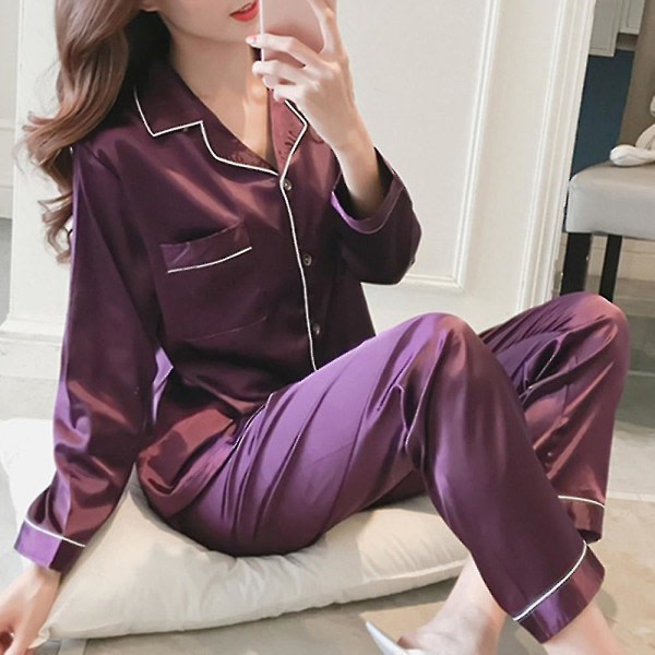 Naisten Satin Silk Look yöasut Pyjamat pitkähihaiset yöasut Set_a Purple M
