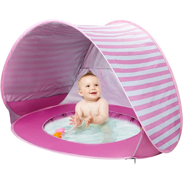 Baby strandtelt med pool, opgradering, nem foldning og pop op unikt Ocean World babytelt, til alderen 3-48 måneder babybørn (UV-beskyttelse - poolrose)