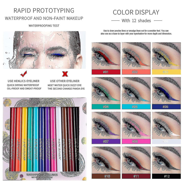 12 stk matte regnbuefargede flytende eyelinersett, 12 farger vanntett høypigmentert eyelin