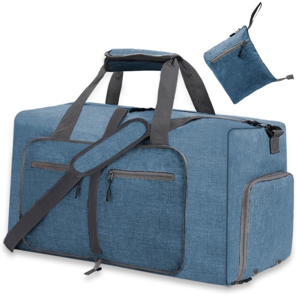 Reise Duffel Bag for Menn Kvinner, Foldable Holdall Bag Vanntett Weekend Overnatting Bag med Skoskuff og Skulderstropp Blue