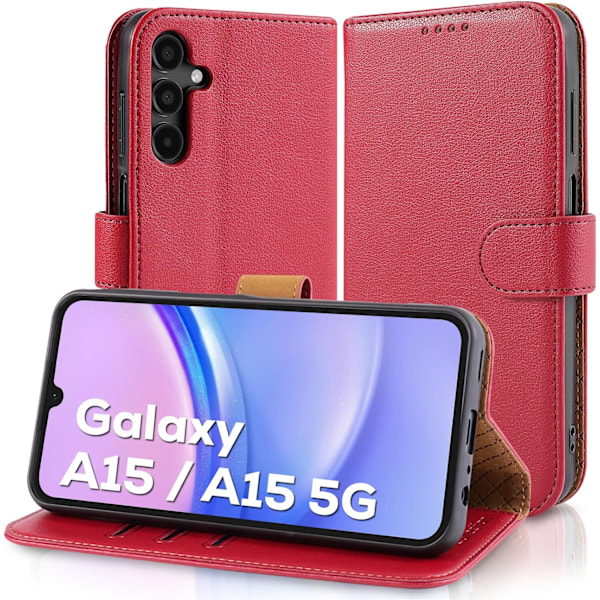 Samsung A15 Telefon Etui - Læder Folio Cover med  [RFID Blokering] Stødsikker [Kickstand] til Samsung Galaxy A15 5G Crimson Red