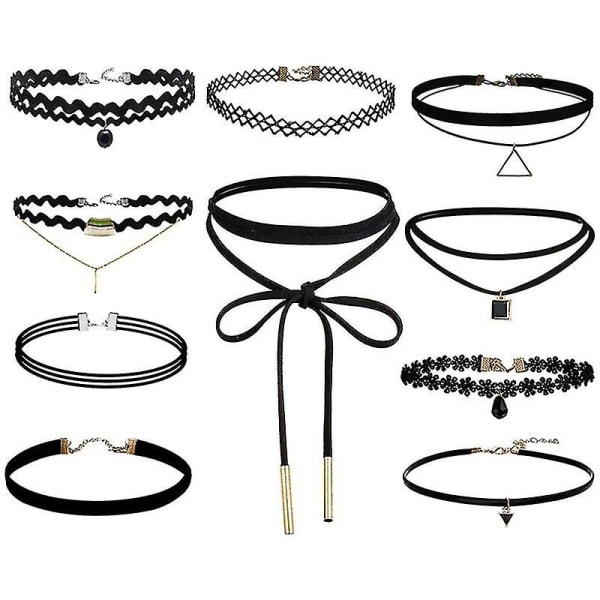 10 kappaletta Choker-kaulakorua Musta Klassinen sametti Venytys Goottilainen Tatuointi Kaulakoru