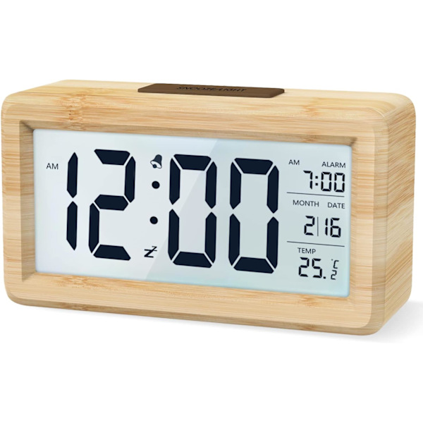 Trä Sängbordsklocka med Stor LCD Bakgrundsbelyst Display, Temperatur, Snooze-funktion, Ljusstyrkesensor, 3 AAA Batteridriven【Batteri Ingår Inte】