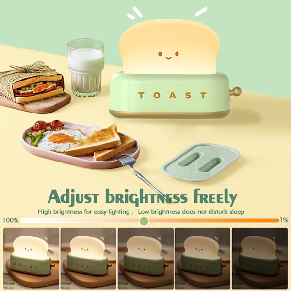 Toastbrød LED-natlampe, sød borddekoration Brødrister med timer, kreativt design Sengebordslampe til babybørn piger teenagere Green