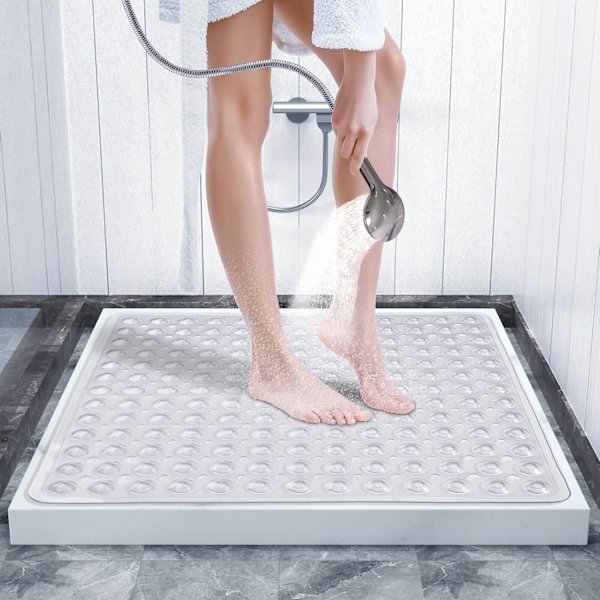 Kvadratisk Dusjmatte for Badekar, Sklisikker med Dreneringshull og Sugkopper, Klar, 53 x 53 cm, BPA/Latex/Ftalatfri, Maskinvaskbar
