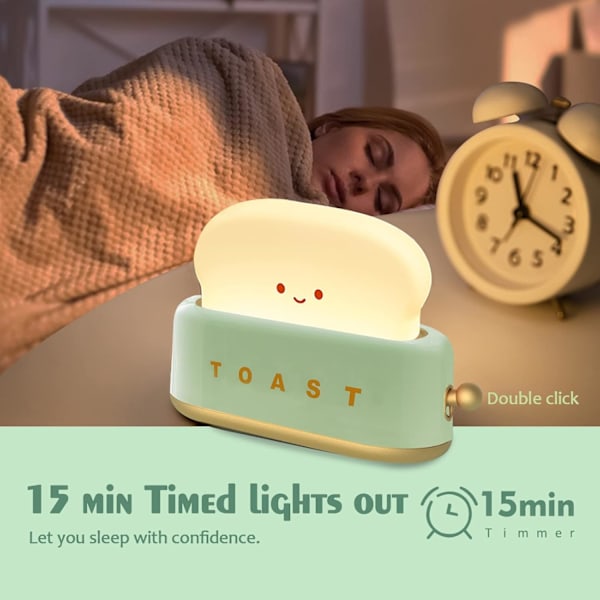 Toastbrød LED-natlampe, sød borddekoration Brødrister med timer, kreativt design Sengebordslampe til babybørn piger teenagere Green