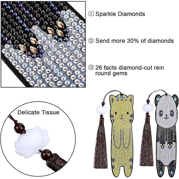 2 stk. Diamantmaleri Bokmerke 5d Diy Perle Bokmerker Dyr Panda Katt Bokmerke Lær Duske Bokmerke Med Diamantmaleri Verktøy For Barn Voksne