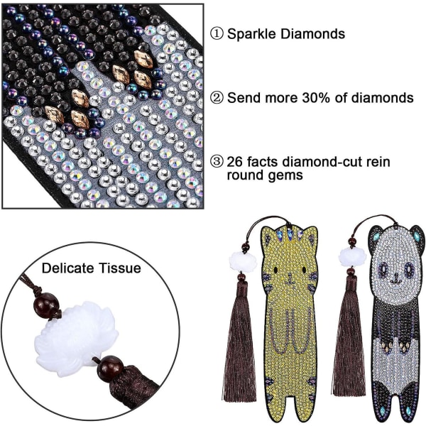 2 stykker diamantmaling bokmerke 5d diy perler bokmerker dyr panda katt bokmerke lær dusk bokmerke med diamant maling verktøy for barn Adul