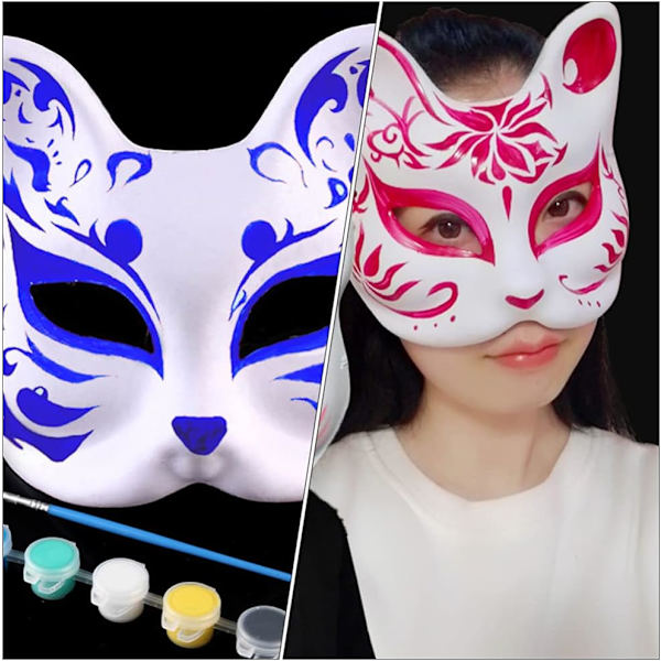Valkoinen paperi tyhjä käsin maalattu naamiot, Anime Cosplay naamio, Japanilainen tyyli Anime puoli kasvot kissa naamio, DIY eläin maalaamaton käsityö naamiot