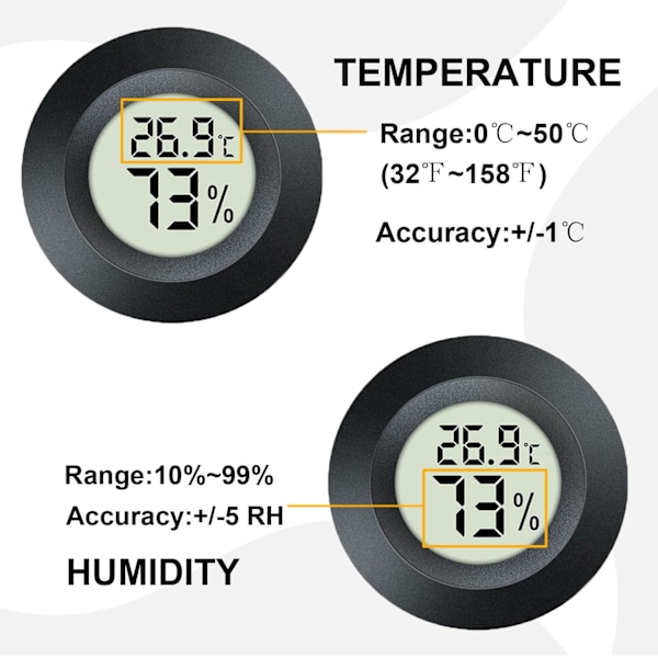 Digitalt Mini Hygrometer, Måler, Indendørs Termometer, Temperatur- og Fugtighedsmåler til Drivhus Luftfugter (Sort)
