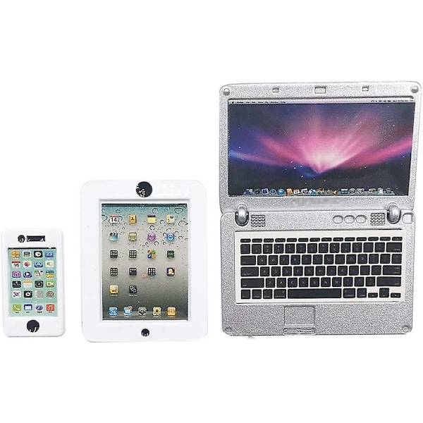 3-pakke dukkehus mini-laptop, nettbrett og smarttelefon scene datamaskin simuleringstilbehør for dukke 1/6 1/12 miniatyrer sølv