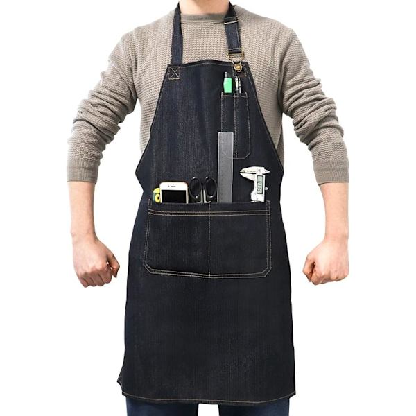 1 st kraftig denim-arbetsförkläde med fickor, justerbart jeanverktygsförkläde för män och kvinnor - Svart