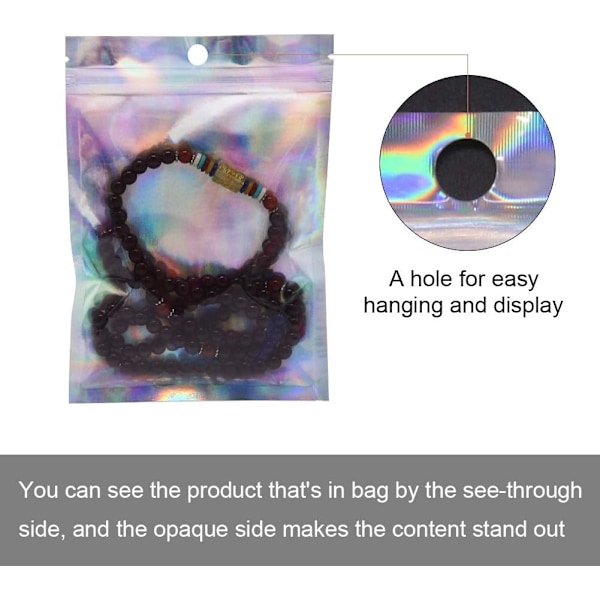 100 stk Holografiske Mylar Zip Lock Vesker Gjenlukkbare 10,4 x 14,9 cm, Forseglelige Folie Prøvepose Gaveposer for Godteri Snacks Smykker Vippe Leppestift