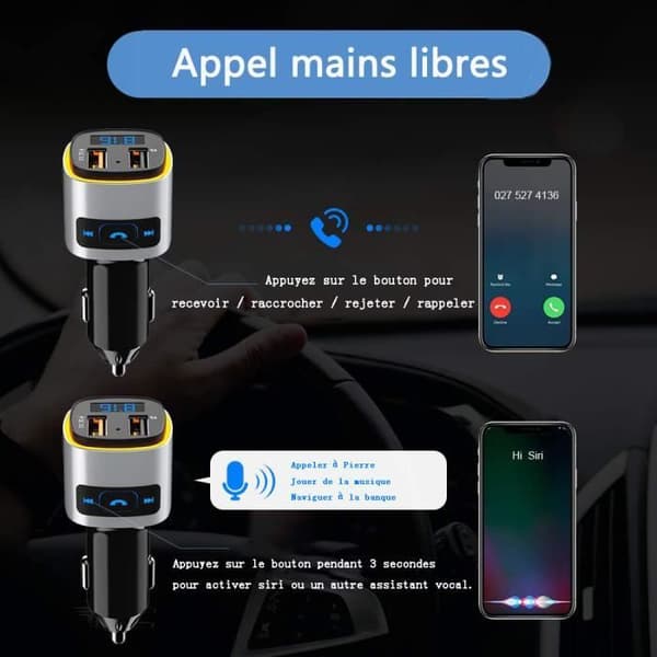 Bluetooth FM-sender, QC3.0 FM håndfri sender Bluetooth Kit Bilradioadapteroplader, Farverigt lys