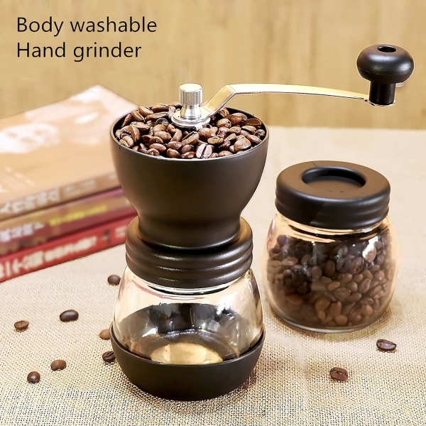 Håndholdt manuell kaffebønnekvern, bærbar kaffemølle keramisk bore med justerbar grovhet, med gjennomsiktig oppbevaringskrukke