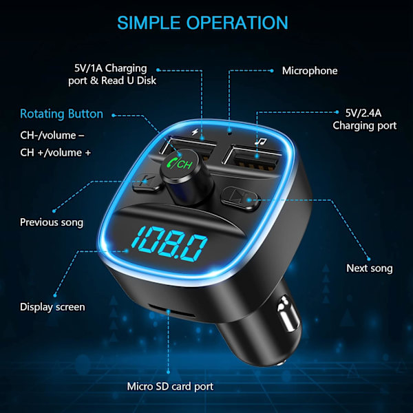 Bluetooth FM-sender til bil - Universal billader med dobbelt USB-opladning - Black