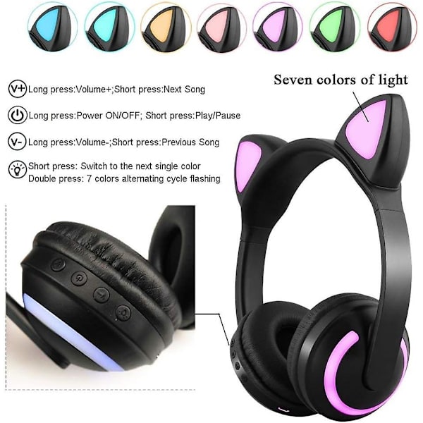 Trådløst Bluetooth-katteøre-headset med mikrofon 7-farget LED-lys blinkende på-øret stereo-headset