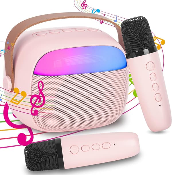 Karaokemaskine til børn med 2 trådløse mikrofoner, bærbart KTV-system med Bluetooth