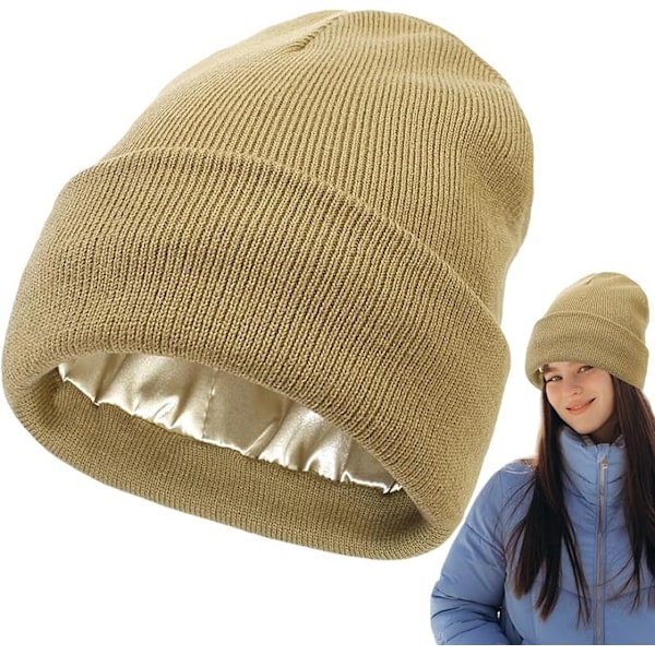 Satinforede vinterhuer, satinforede huer vinterhuer, strikket klokkehat med silkefor, silkeforet slouchy hue, unisex ensfarvet skull CARAMEL COLOR