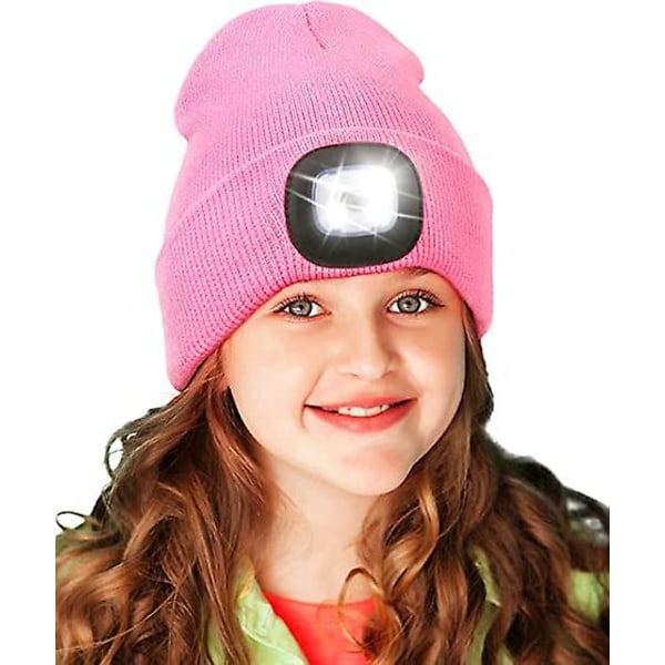 Beanie hat med børnelys, møntcellebatterier Håndfri LED-forlygtehætte Vinterstrikket Natlys Hat Lommelygte Pink