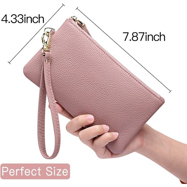 Håndleddsveske for kvinner, RFID-blokkerende Clutch-vesker for kvinner, ekte lærhåndvesker for kvinner med håndleddsstropp og glidelåslomme for mynter Dark Pink