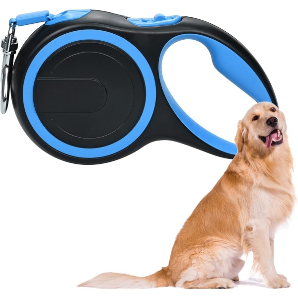 Indtrækkelig hundesnor, forstærket forlænges med skridsikkert håndtag og justerbar hundesnor, fri for sammenfiltring, 5M / 16FT kraftigt nylonbånd, (blå)