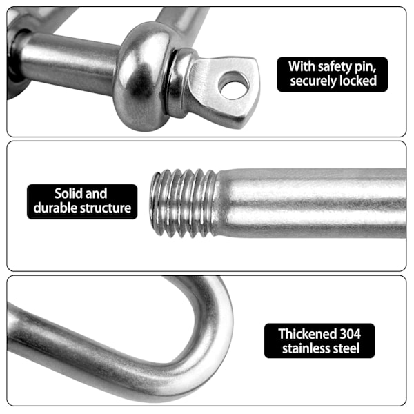 4 kpl D-kaari, raskas 304 ruostumaton teräs D-rengas, kestävä M8 D-tyyppinen kuormankantolenkki, käytetään hinaamiseen/asennukseen/leirintään/kiipeilyyn