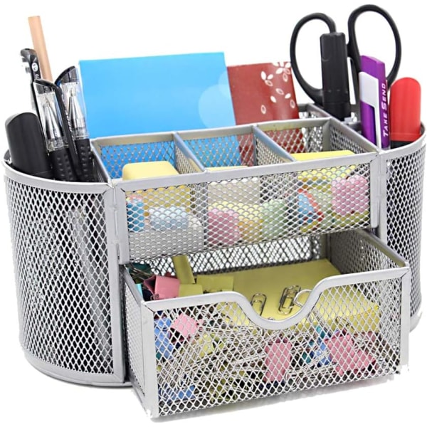 Mesh Desk Office Organizer, Monitoimikynäpidike laatikolla Paperitarvikkeiden säilytys pöytäkoneen hopea