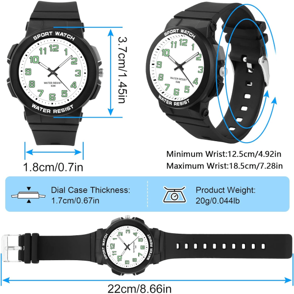 Barneklokker for gutter og jenter, analog klokke med bakgrunnsbelysning, tenåringer barn 5ATM vanntett analog klokke Mykt gummibånd Lett å lese Black&white