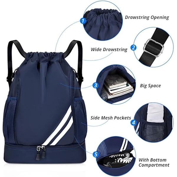 2024 Nye Sports Ryggsekker Vanntett Snøring Ryggsekk, Sports Gym Bag, Stor Kapasitet Cinch Sack, Ryggsekk Snøring Bag. Navy Blue