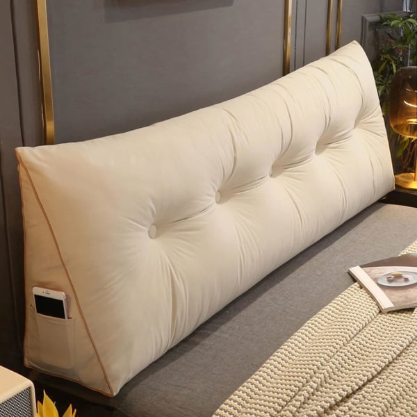 Mukava ristiselän tyyny, lukuselkänojan tyyny, kolmiomainen sängynpääty tyynysänky kiilatyyny, suuri lukutyyny 80x50x20 cm, beige