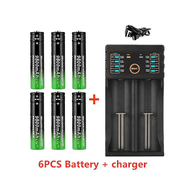 1 stk 2-spors - Batterilader + 6 stk 3,7v 18650 9800mah Batteri for oppladbar batteri 18650/2665