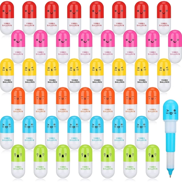 48 st mini-kulspetspennor, 6 stilar leende ansikte pillerformad kulspetspenna söt tecknad film favor retractable kulspetspenna för dagis skola