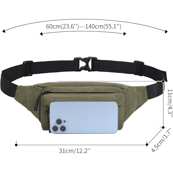 Bumbag Midjeveske Fanny Pack Hundelufting Bumbag med Justerbar Belte Bumbag for Reise Utendørs Sport Løping Vandring Jogging Kvinner Menn Armygreen