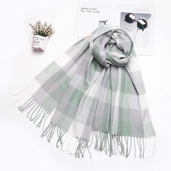 1PCS Dame Mode Lang Sjal Stor Gitter Vinter Varm Gitter Stort Tørklæde Green White