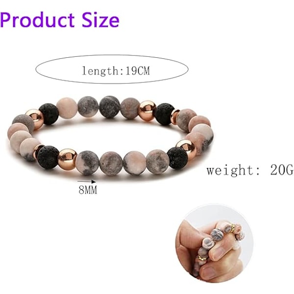 Anti-ångest armband, originalfärgad vulkansten + rosa zebra frostad naturstensarmband för ångestlindring